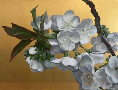 Acrylique sur toile, fleurs de cerisiers blanches sur fond doré, peinture, pièce unique