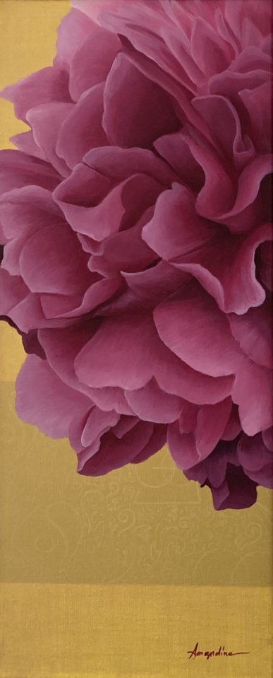 Acrylique sur toile, pivoine rose sur fond doré, diptyque pièce unique