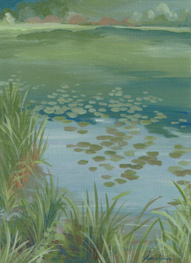 Peinture reflets d'eau et nénuphars du lac de Saint jean de chevelu en Savoie