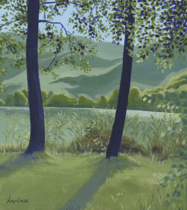 Peinture sur papier toilé, décor d'arbres au bord du lac de Saint Jean de Chevelu en Savoie